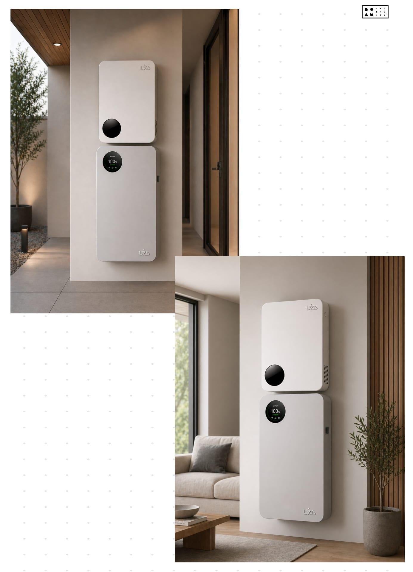 LYD Inverter and Battery system wall-mounted in a modern entryway and living room