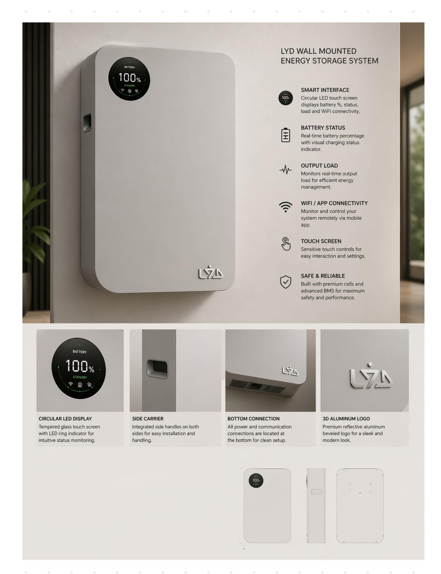 LYD Wall Mounted Energy Storage System with feature callouts