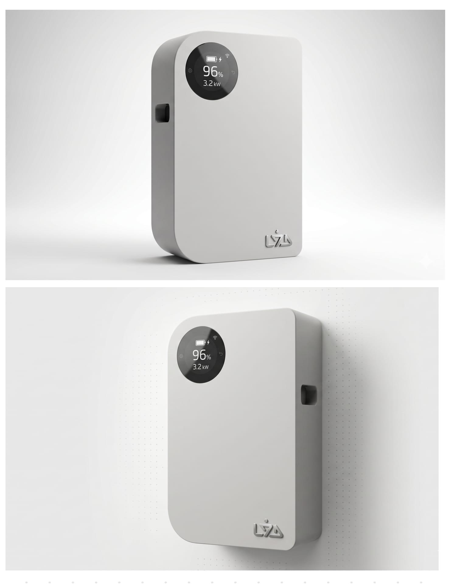 LYD Battery Option 2 — sleek wall-mountable design with circular LED display showing 96% charge at 3.2 kW