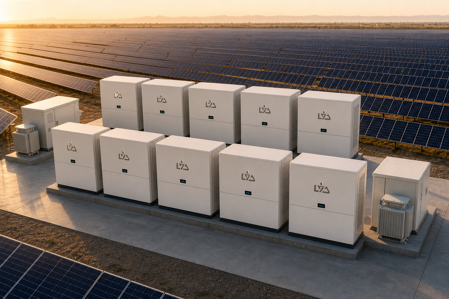 LYD Hyperpack 10 — two parallel rows of utility-scale battery cabinets at a solar farm