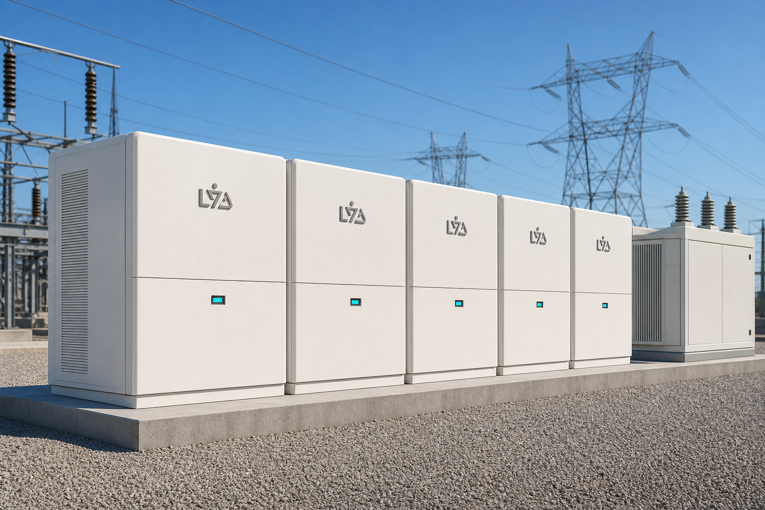 LYD Hyperpack 5 — array of five utility-scale battery cabinets at a substation