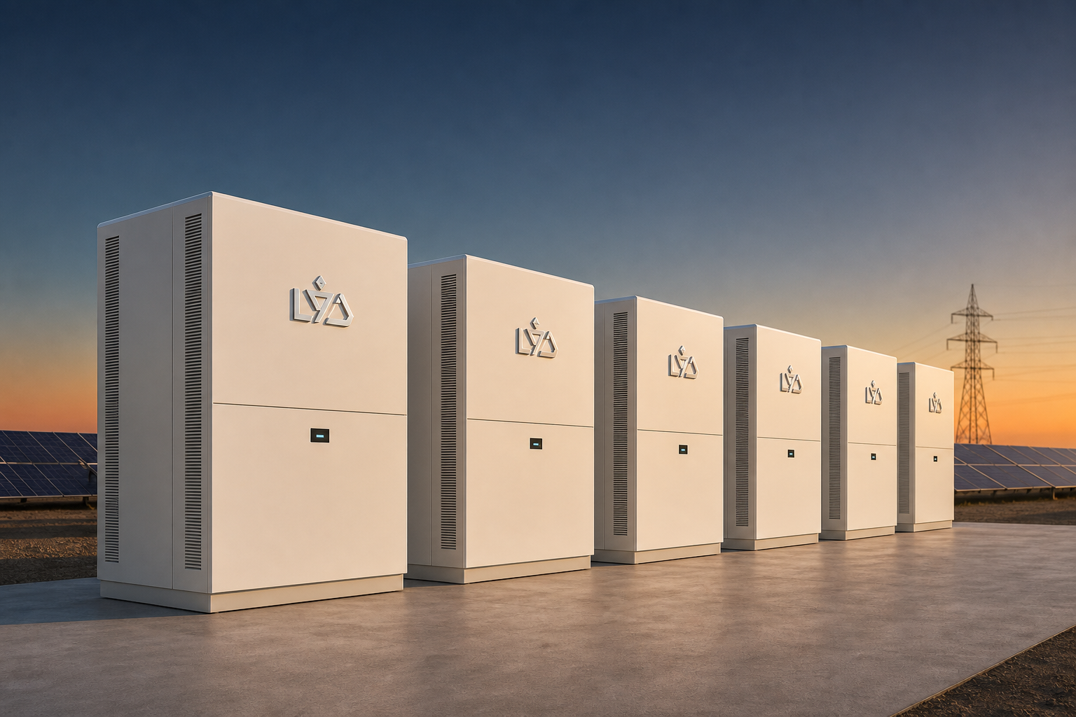 LYD SafeCell Hyperpack — a row of utility-scale battery cabinets at a solar substation at dusk