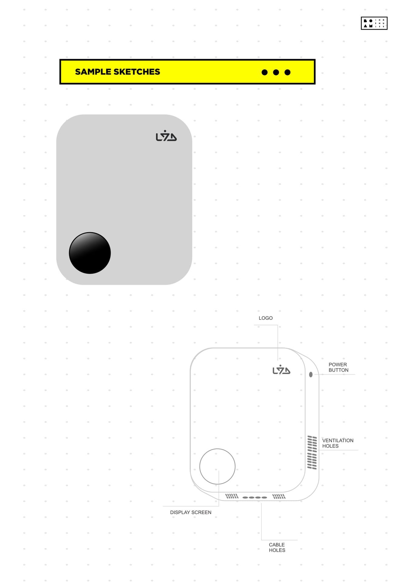 LYD Orbit technical sketch — annotated diagram showing logo, power button, ventilation holes, display screen, and cable holes