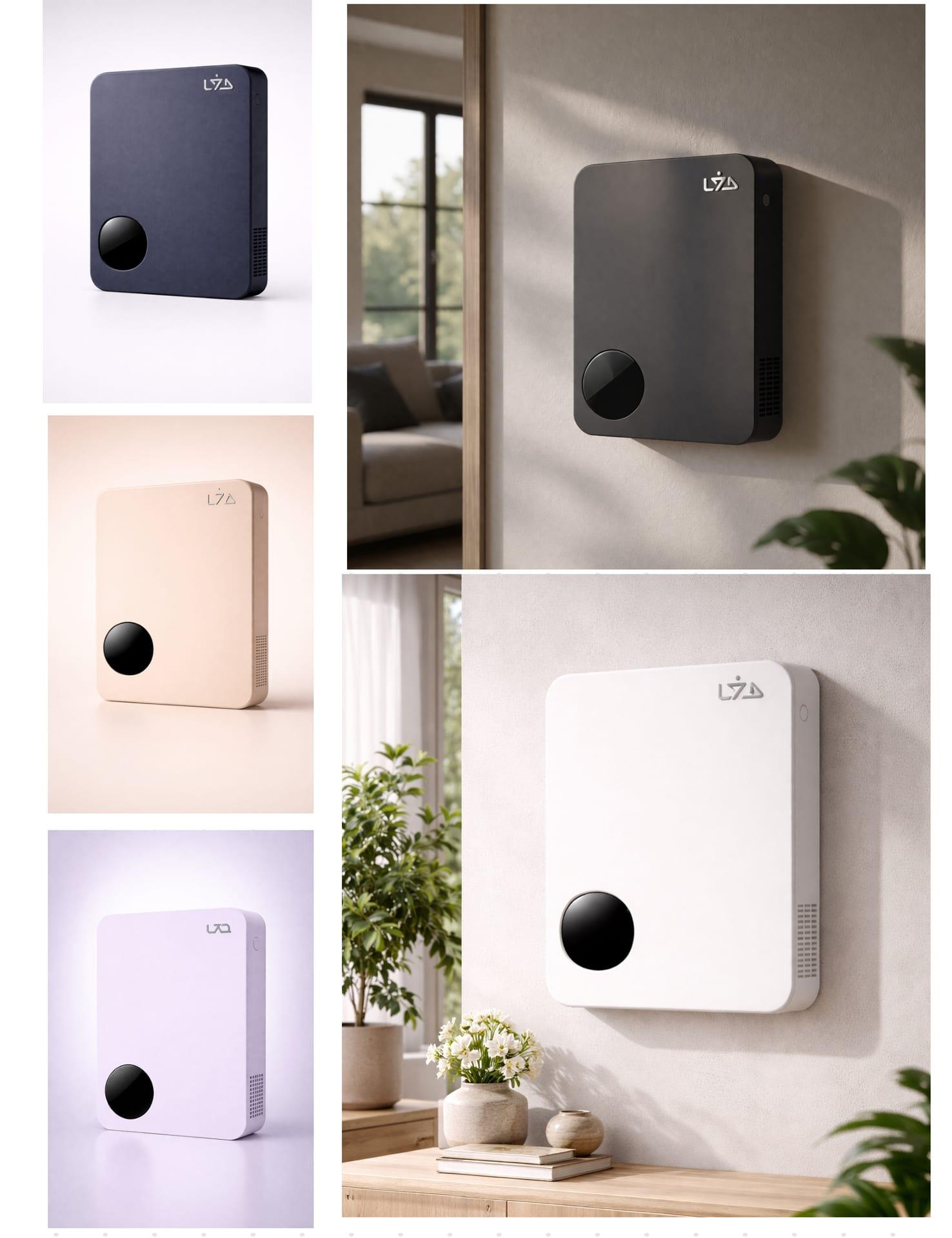 LYD Orbit shown in multiple colors — navy, champagne, lavender, white — wall-mounted in modern living spaces