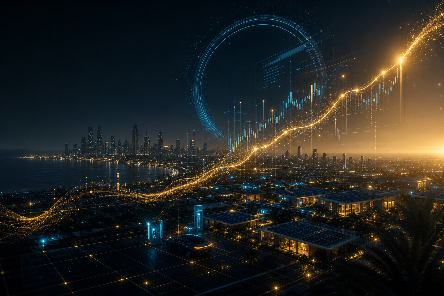 LYD investor opportunity — abstract gold and cyan financial graph rising over a dark futuristic African landscape
