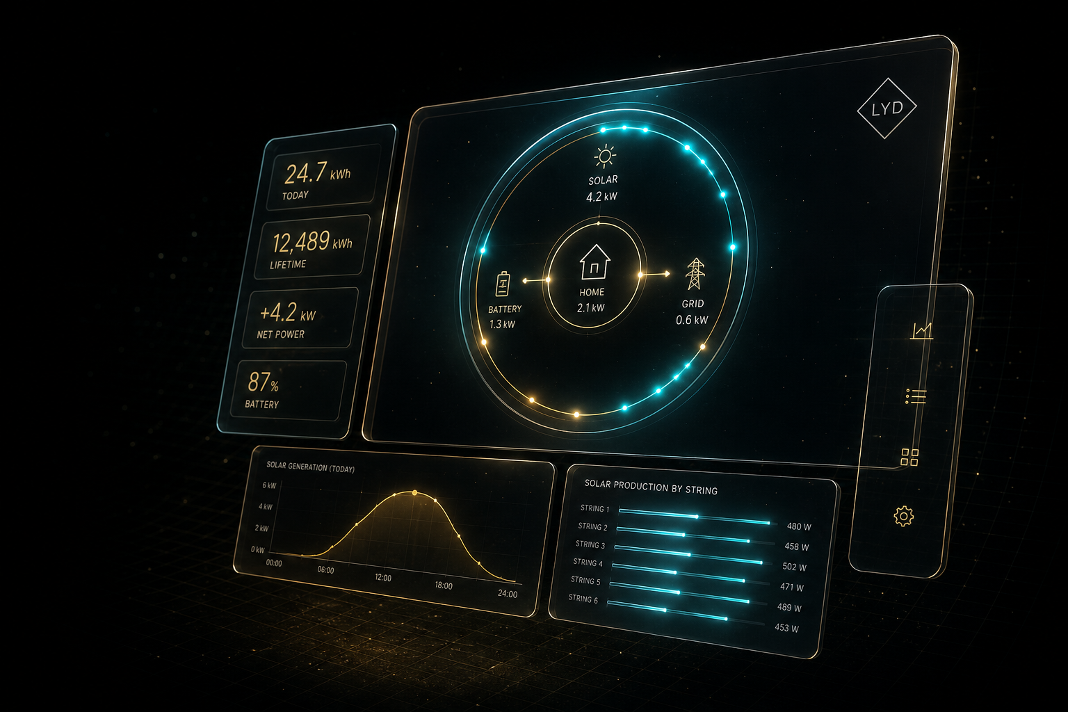 Holographic Lucid OS dashboard floating in a futuristic dark space, with glowing cyan rings, gold accents, and data visualisations across multiple translucent UI panels