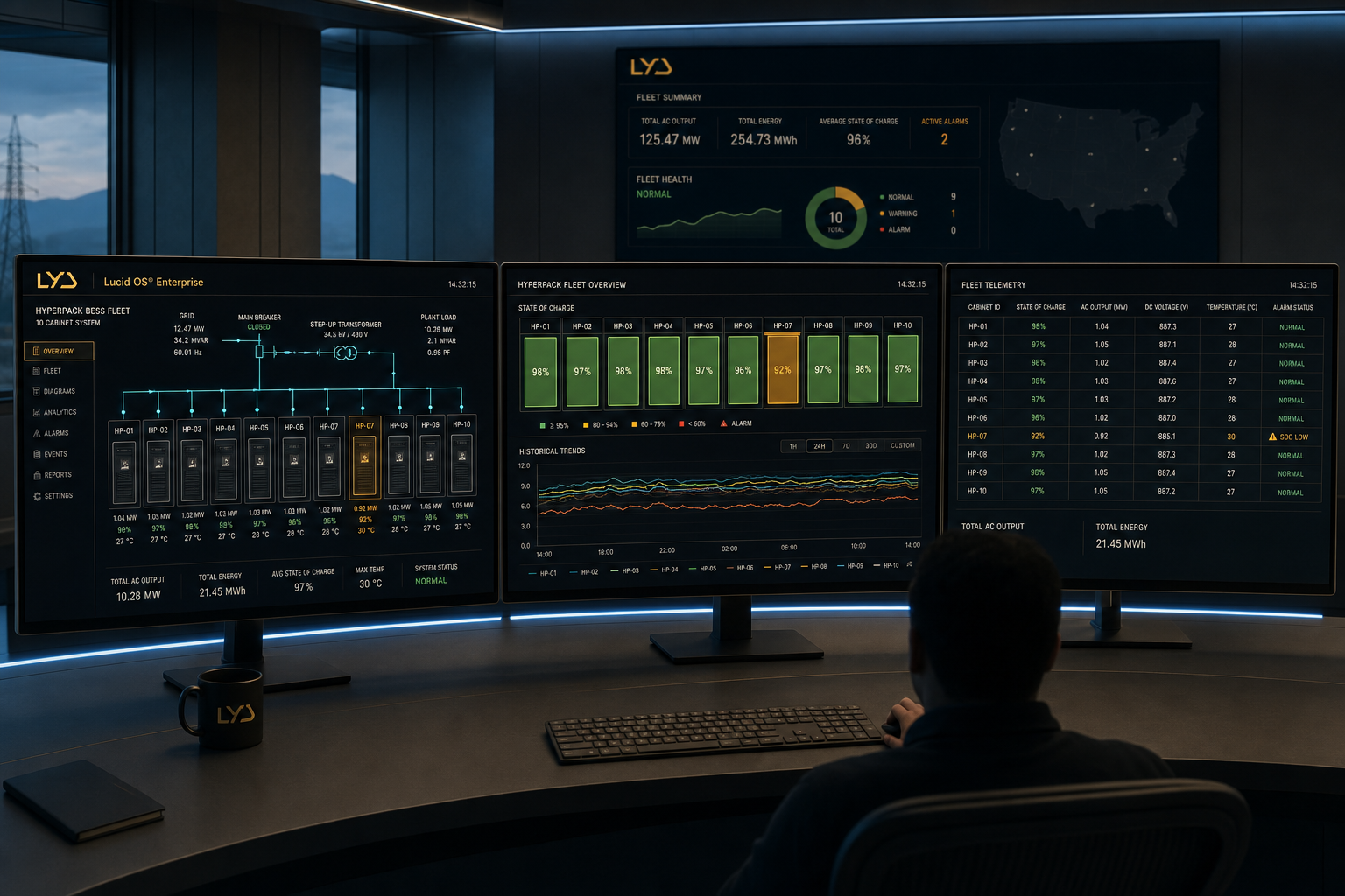 Plant operator at a multi-monitor SCADA console running Lucid OS Enterprise, with live SafeCell Hyperpack fleet diagrams and a state-of-charge heatmap