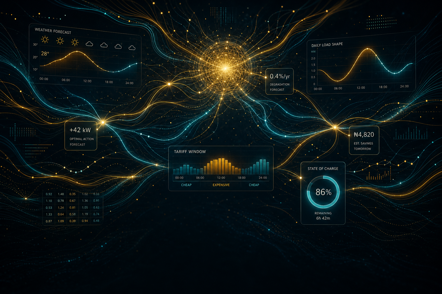 Abstract visualisation of Lucid OS\u2019 AI layer \u2014 glowing neural-style data flows with weather curves, load shapes, and tariff windows woven through a dark futuristic canvas