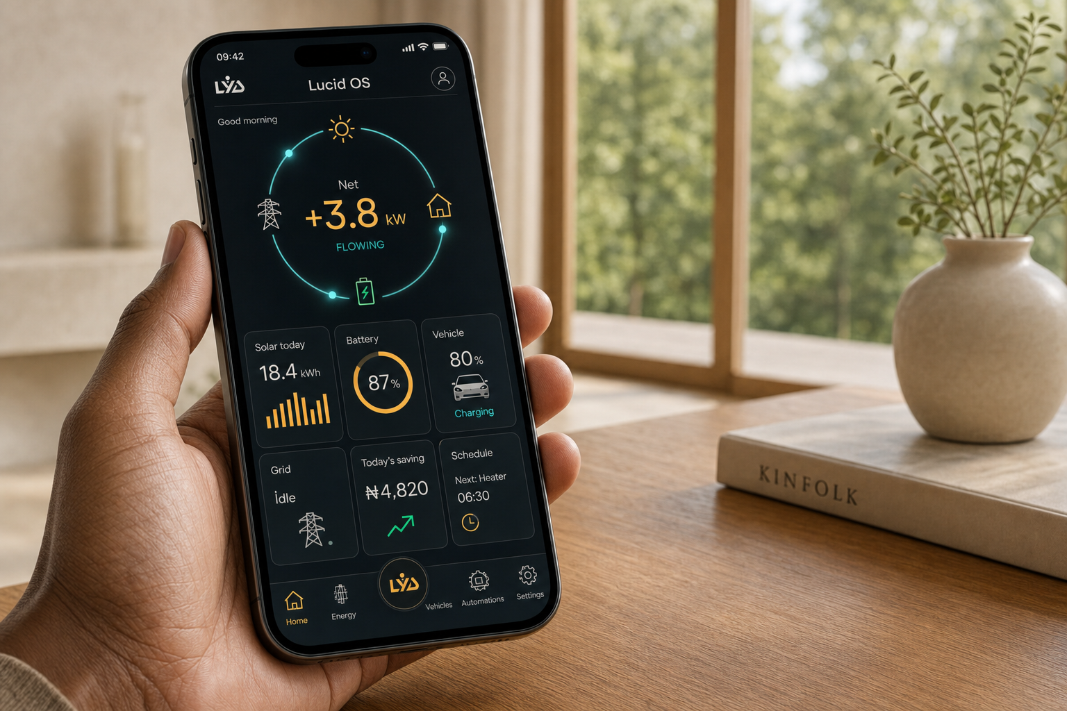 LYD Lucid OS companion app on a smartphone showing a unified household view — solar, battery, grid, vehicle, and automation tiles