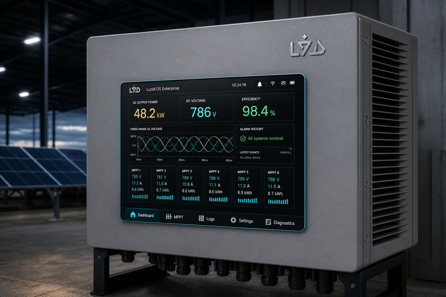LYD Orbit X 7-inch colour touchscreen HMI showing Lucid OS Enterprise with three-phase power, MPPT inputs, and alarm history