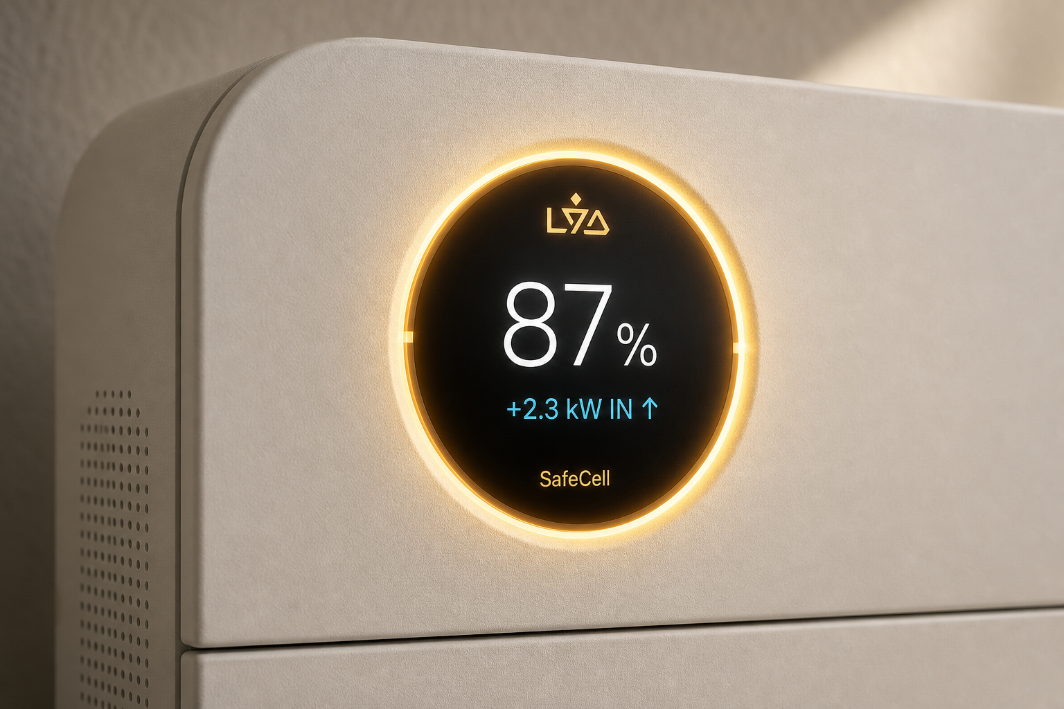 Close-up of LYD SafeCell’s status-ring OLED glowing gold, showing state of charge and live current flow