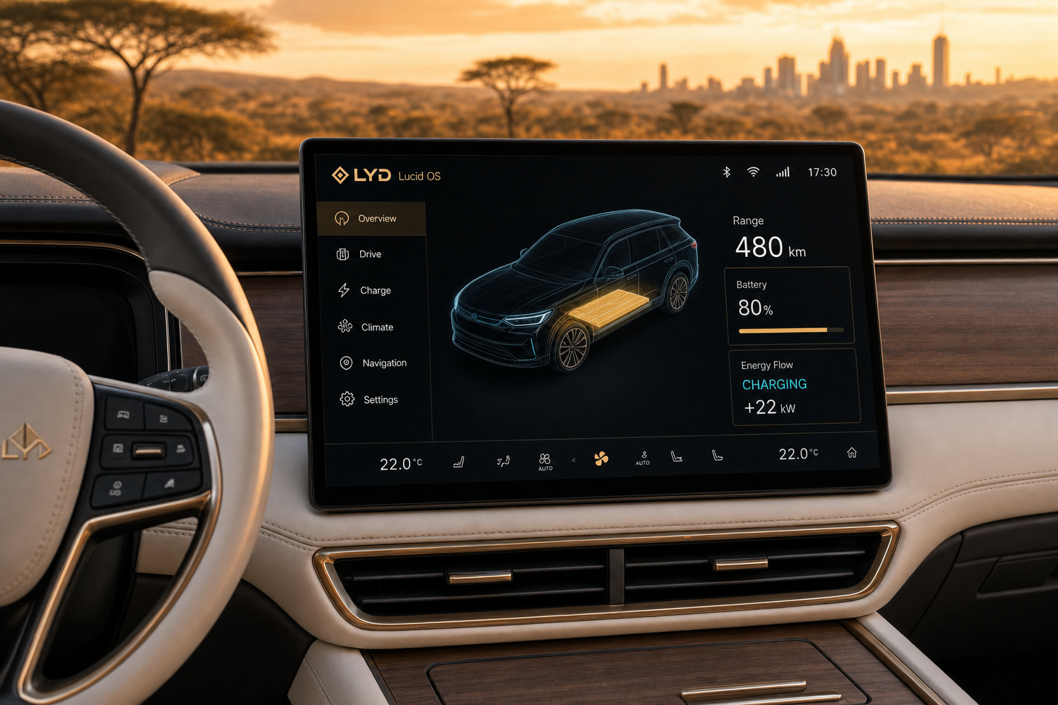 View from inside an LYD Phantom X showing the central Lucid OS touchscreen with range, state of charge, and energy consumption curve