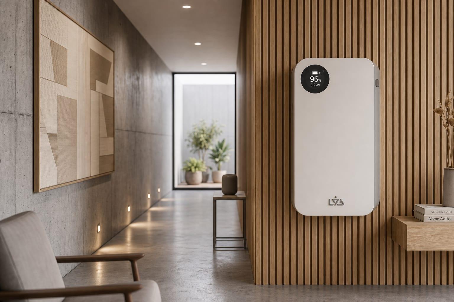 LYD SafeCell mounted in a modern interior hallway with wood slat wall