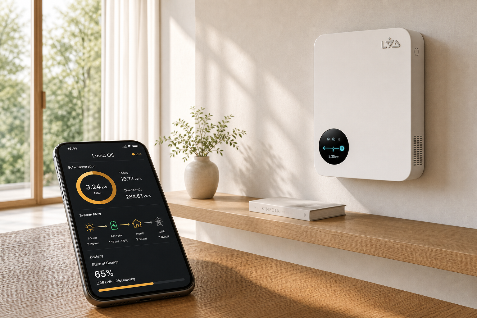 LYD Orbit with the Lucid OS dashboard mirrored on a mobile device