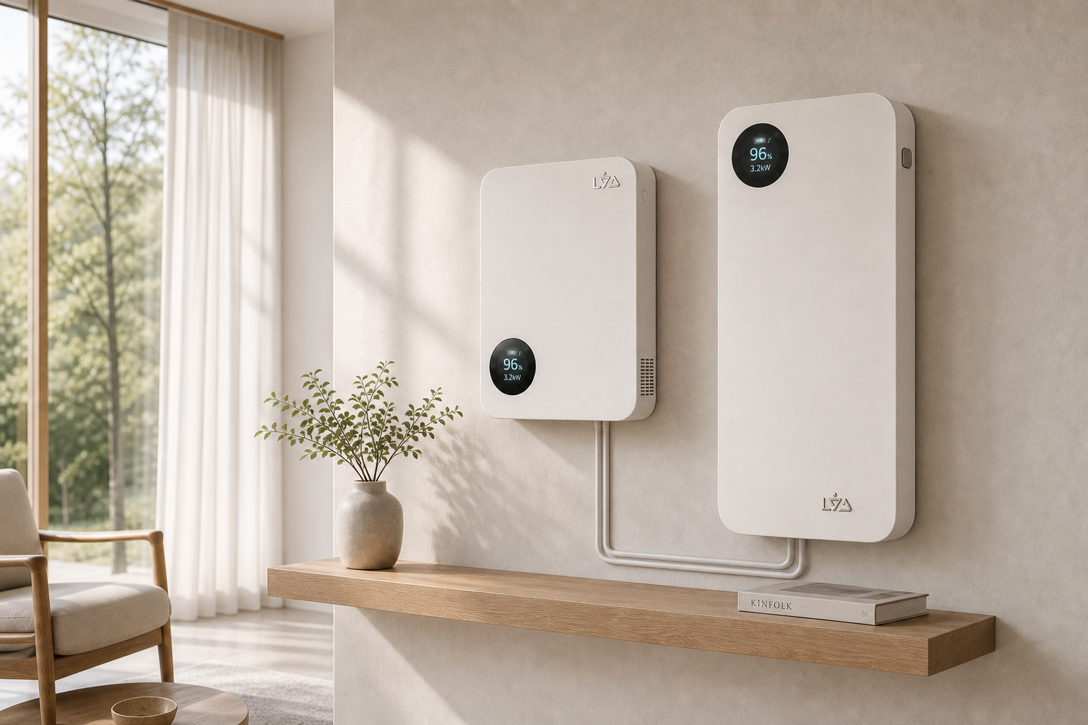 LYD Orbit smart inverter mounted next to a LYD SafeCell energy storage unit in a modern interior wall