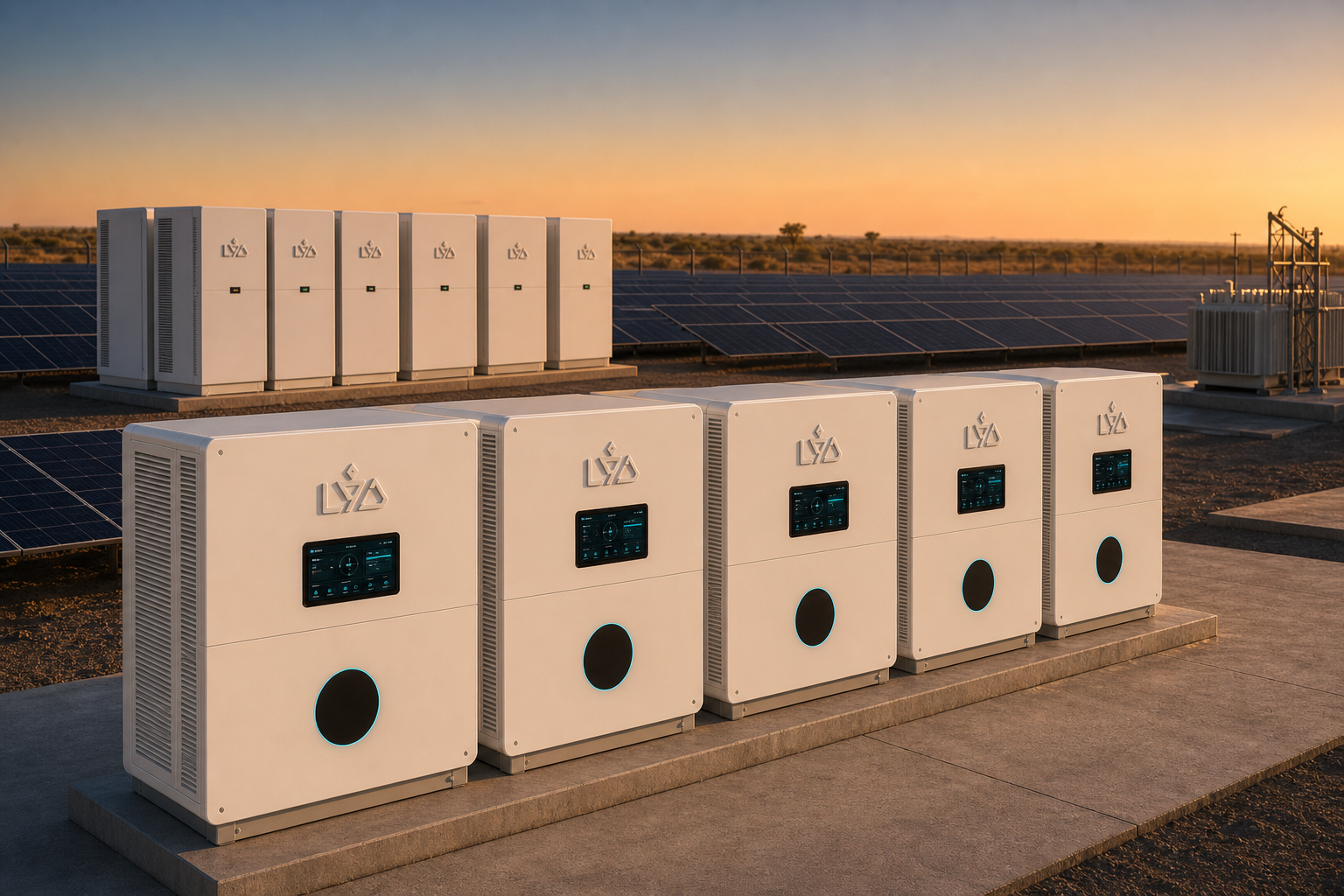 A row of LYD Orbit X industrial inverters installed at a commercial solar plant, paired with a SafeCell Hyperpack BESS in the background