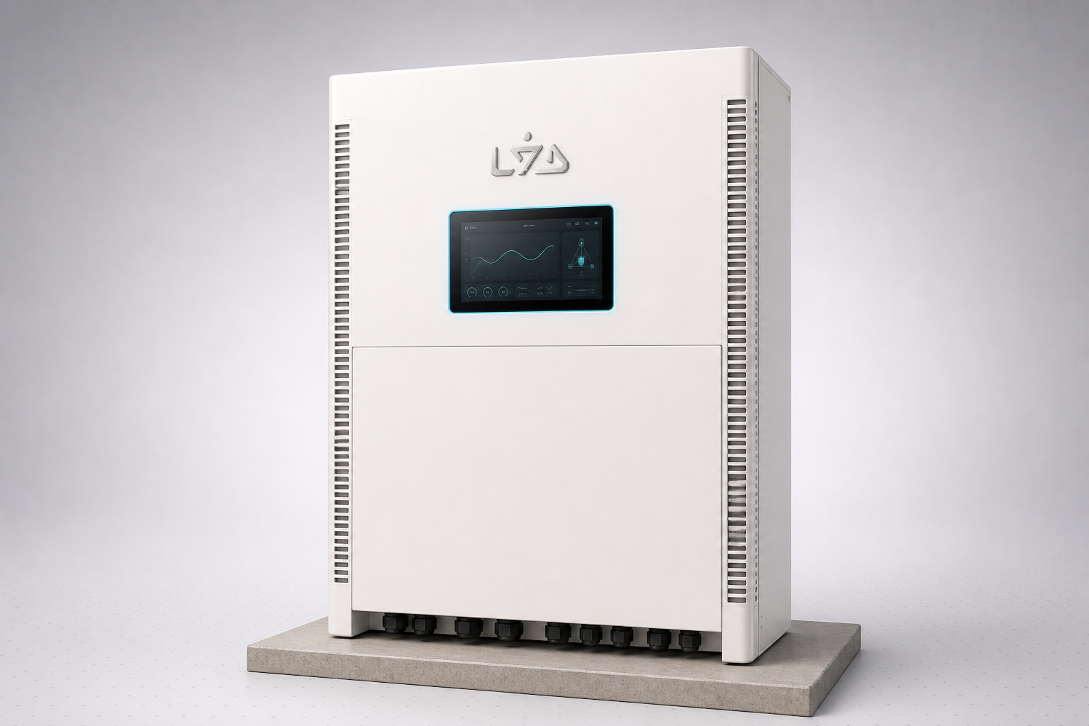 LYD Orbit X125 — 125 kW industrial three-phase smart inverter on a concrete pad with touchscreen HMI