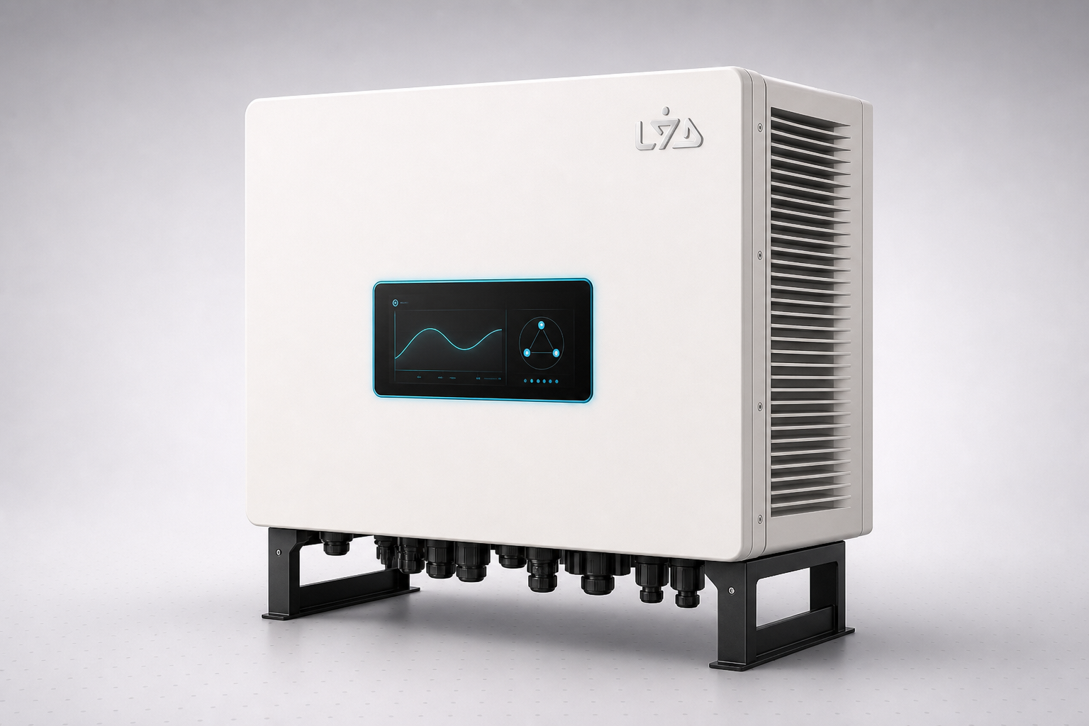 LYD Orbit X50 — 50 kW commercial three-phase smart inverter with industrial chassis and 7-inch touchscreen