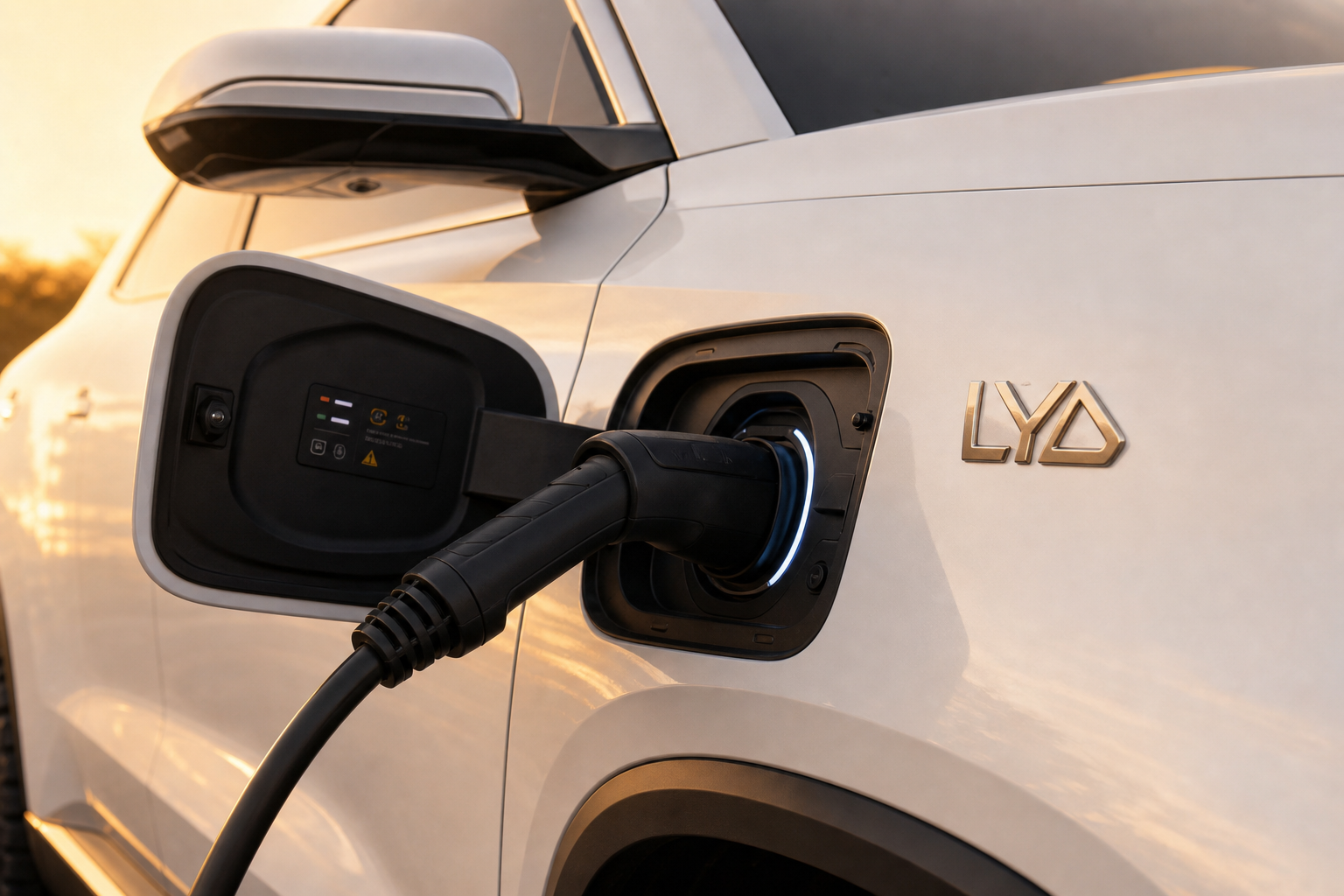 LYD ARC Home — wall-mounted AC charging station charging a Phantom X overnight in a residential garage