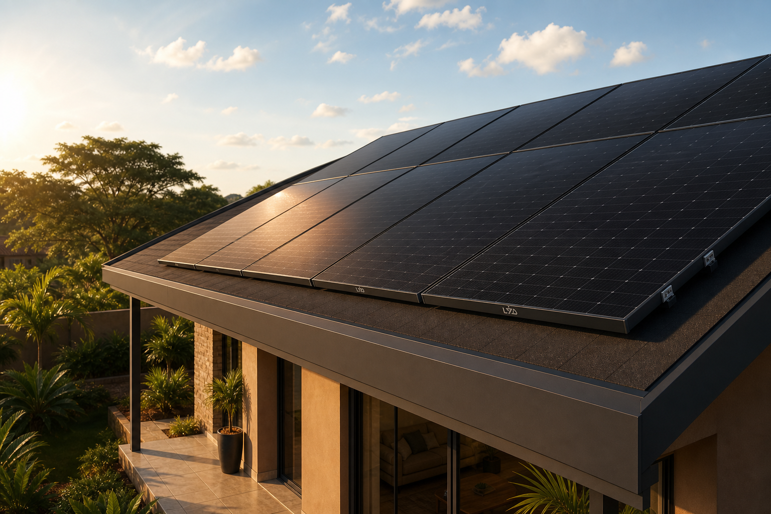 LYD Photon HJT solar panels installed on a modern African residential rooftop under a bright sky