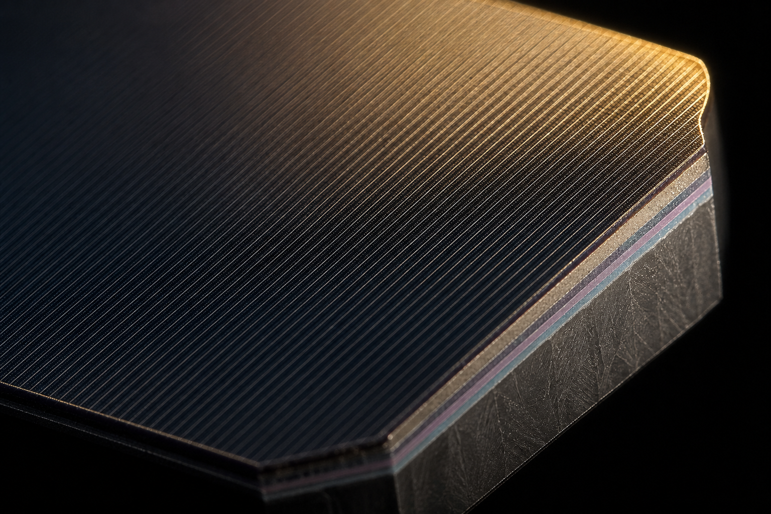 Macro photograph of a Heterojunction solar cell showing its layered silicon structure