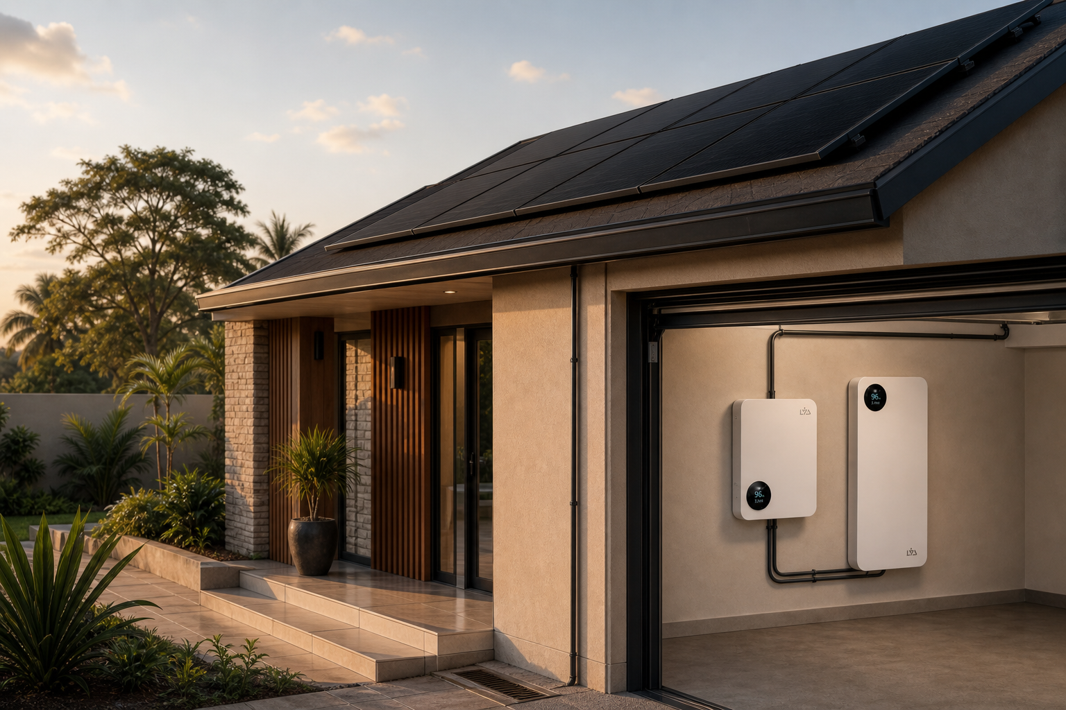 A modern African home with LYD Photon panels on the roof, an LYD Orbit inverter and SafeCell battery visible on the wall through the open garage