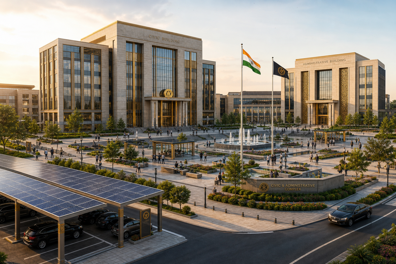 Civic and administrative complex with modern office buildings around a landscaped public plaza with fountains