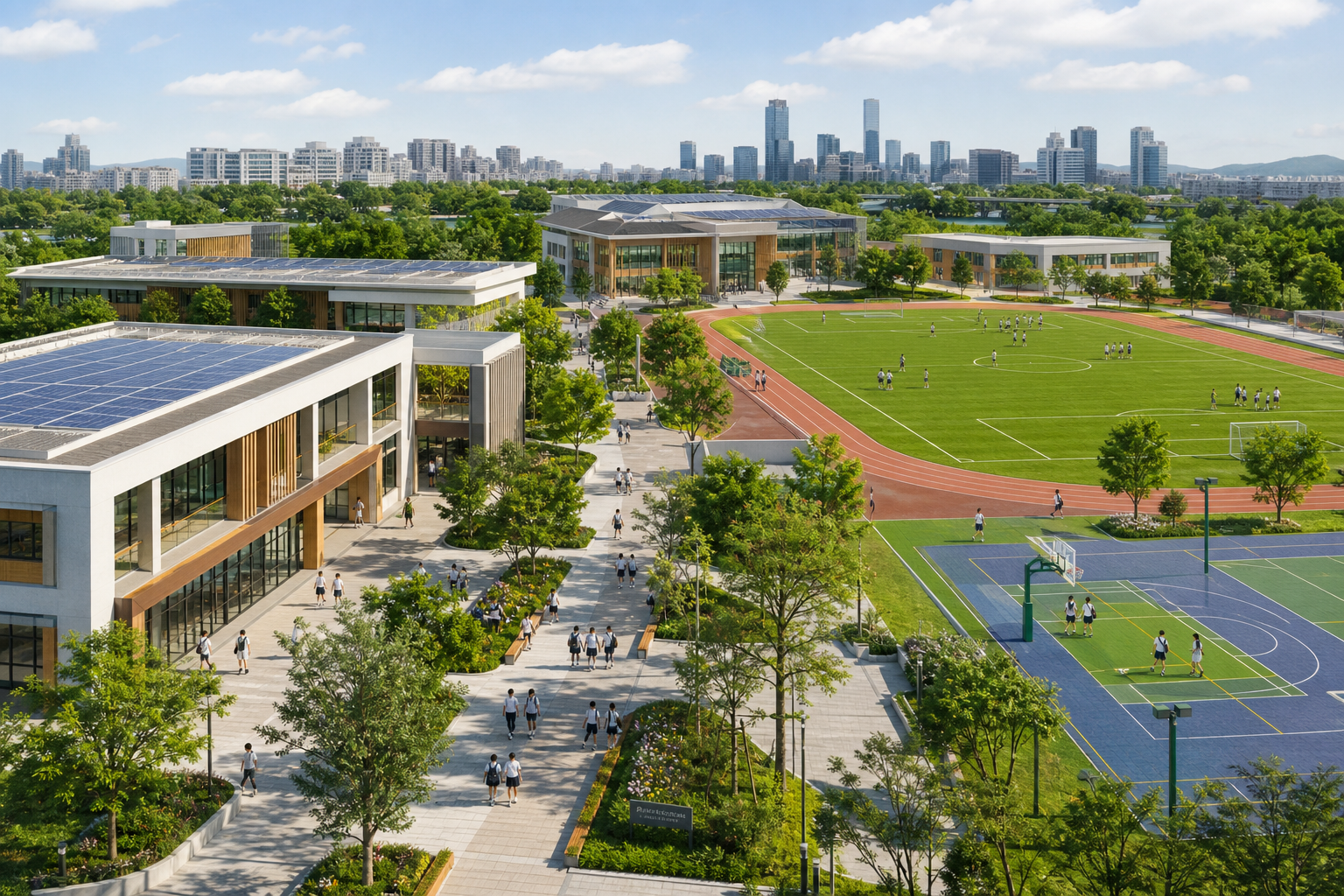 Modern school and education campus with solar roofs, sports field, running track, and landscaped courtyards