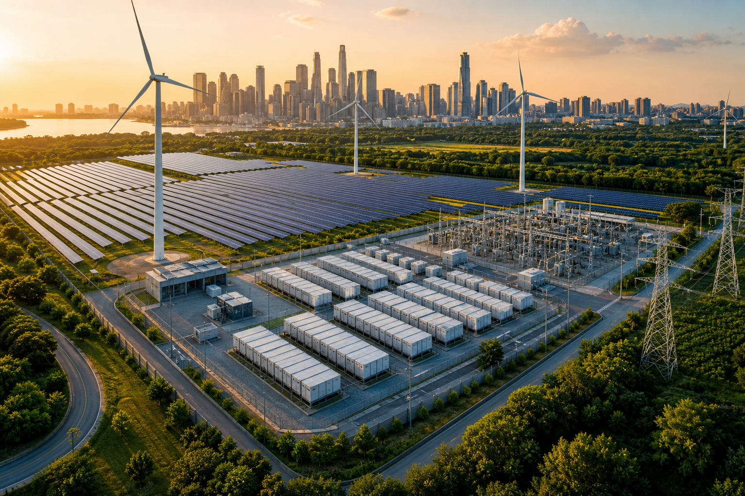 Aerial render of a solar farm, wind turbines, and a city-scale battery storage facility powering the smart city