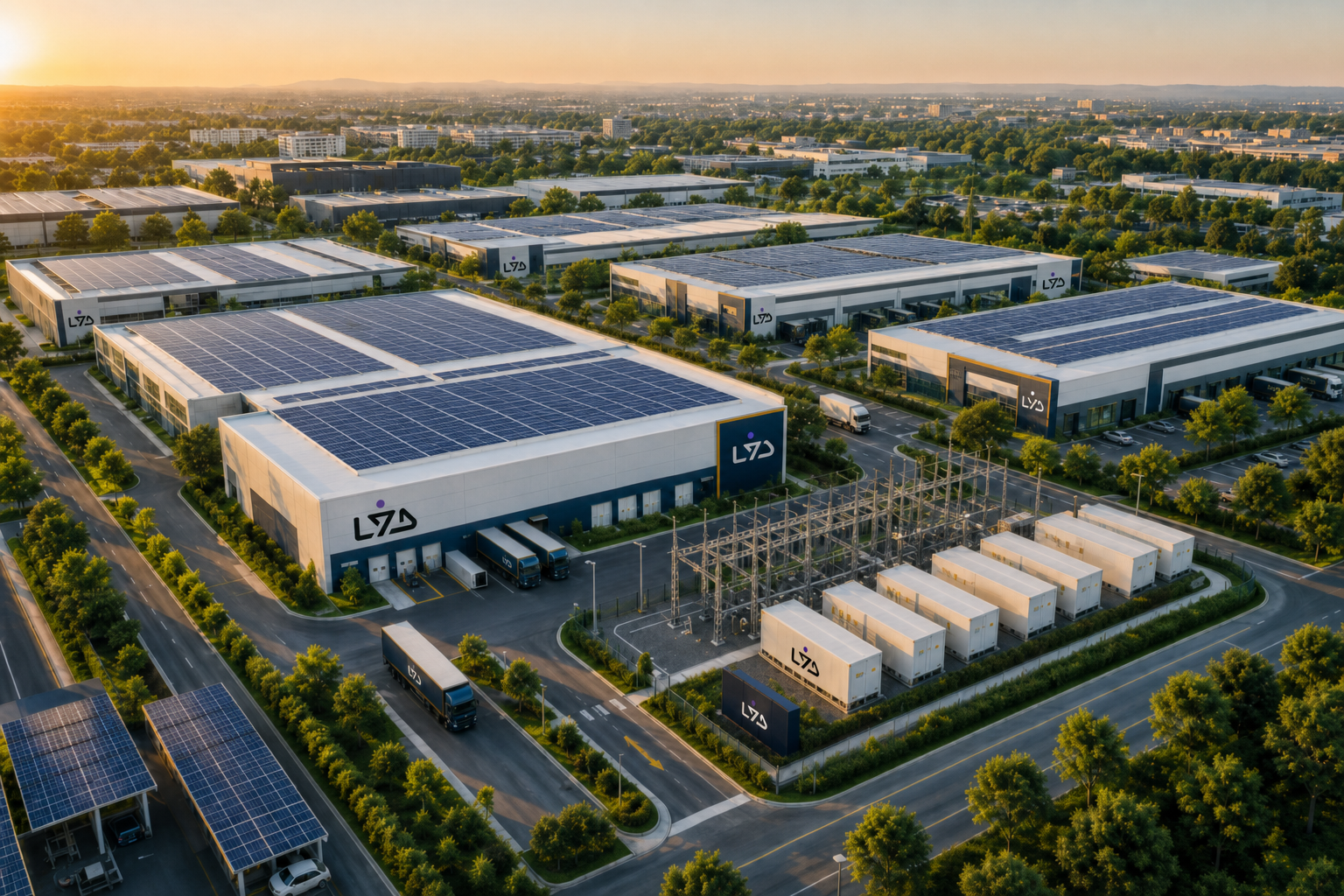 Aerial render of a clean, modern industrial district with solar-clad factory roofs, logistics roads, green buffers, and on-site battery storage