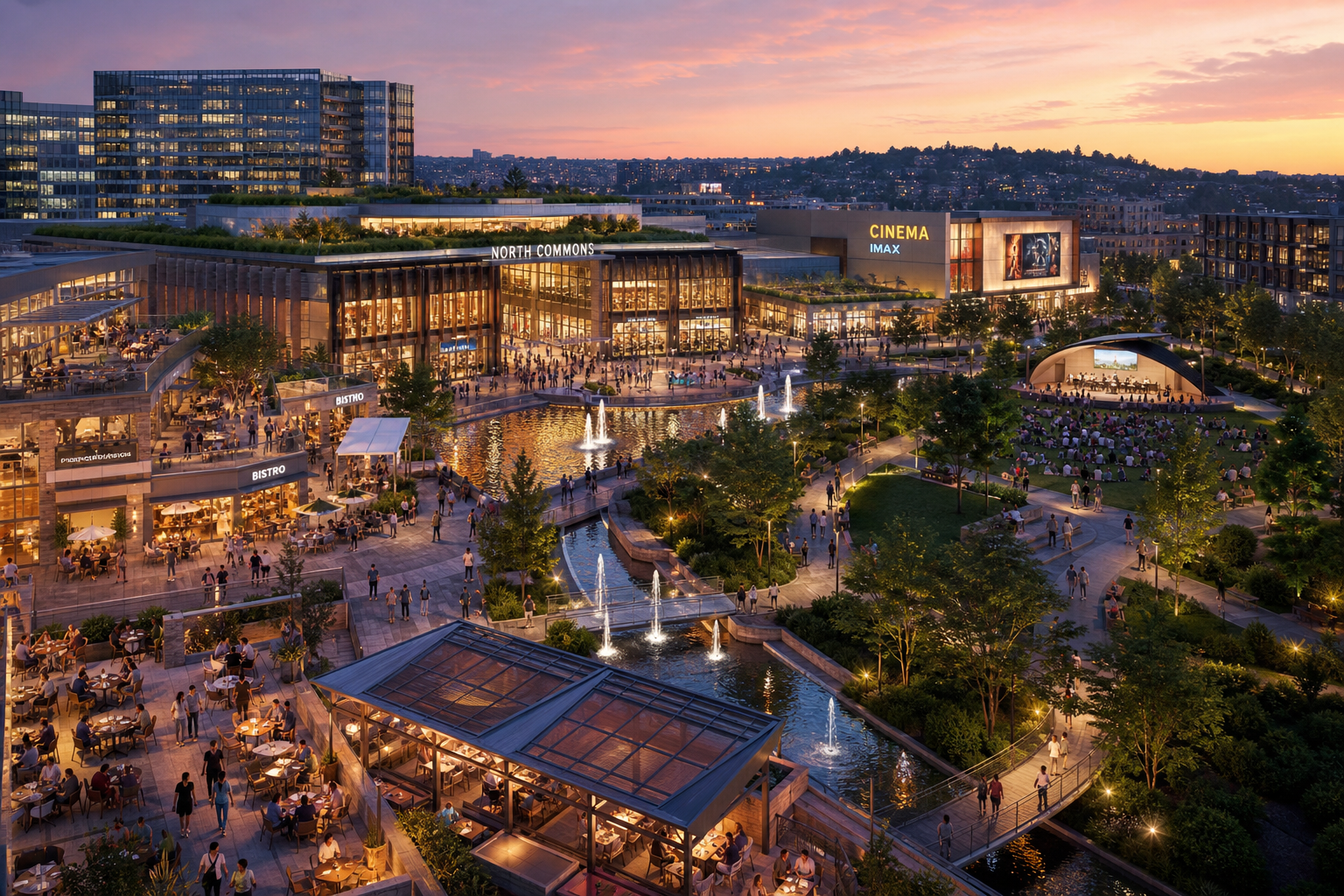 Vibrant retail and recreation district at dusk with a mall, open-air plaza, fountains, and an outdoor amphitheatre