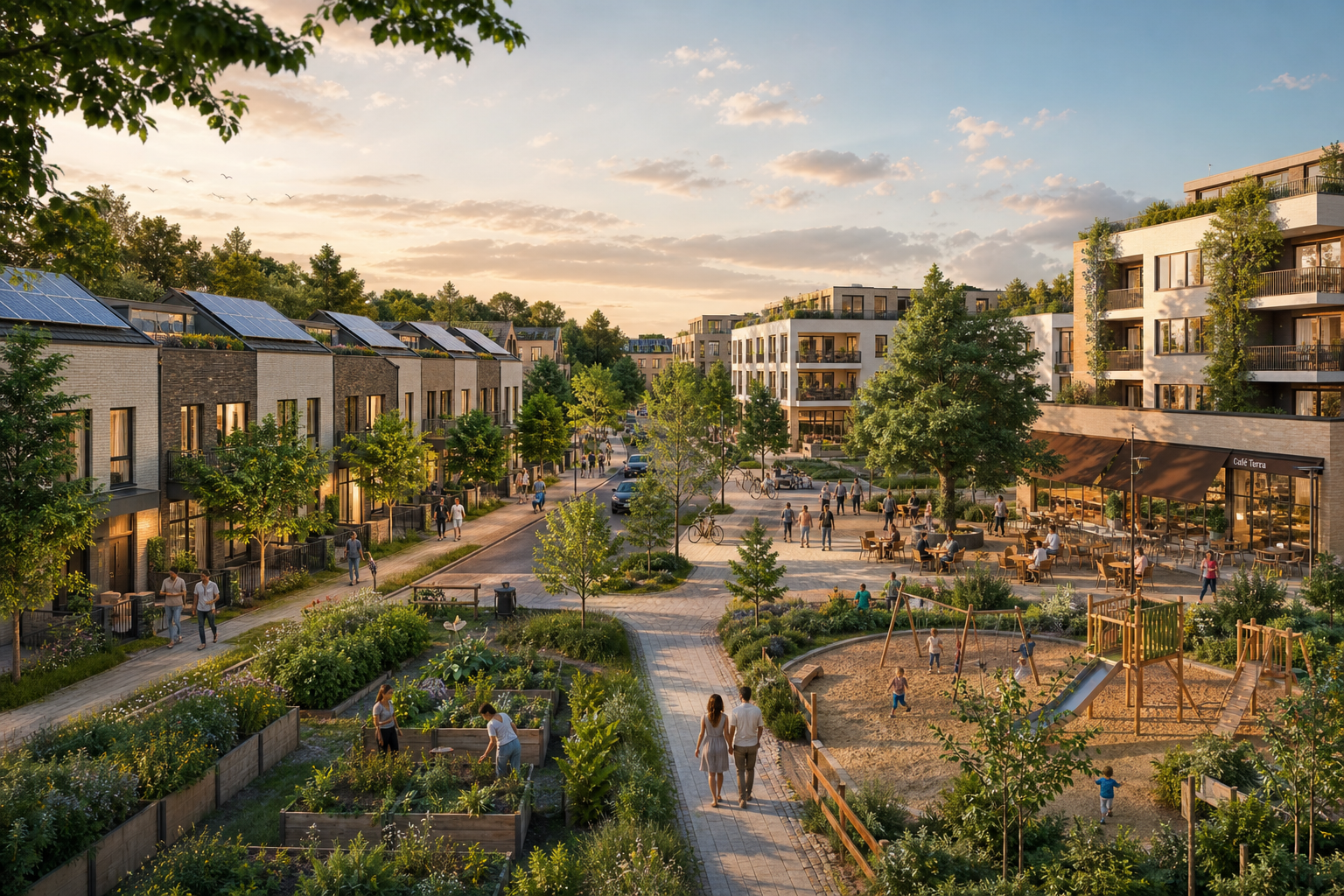 Render of a green residential neighbourhood with terraced homes, community gardens, a playground, and a café-lined plaza at golden hour