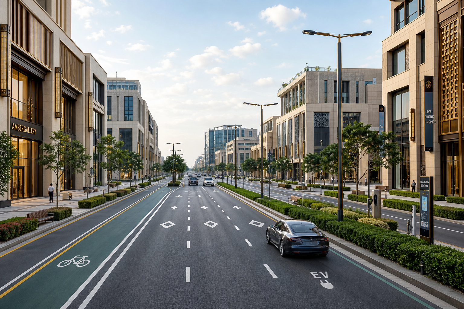Eye-level render of a tree-lined smart-city boulevard with EV and cycle lanes, elegant lighting, and sandstone-and-glass frontages